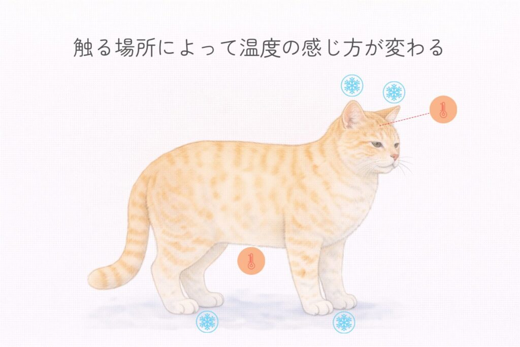 猫の耳や肉球、お腹、頭など触る場所によって温度の感じ方が変わる図