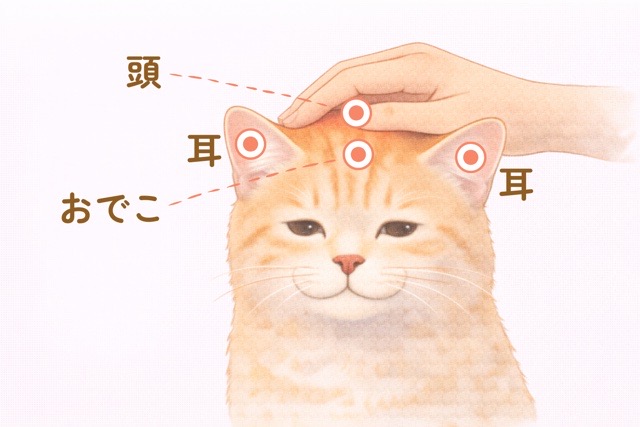 猫の頭やおでこ、耳の温度を確認する位置がわかる図