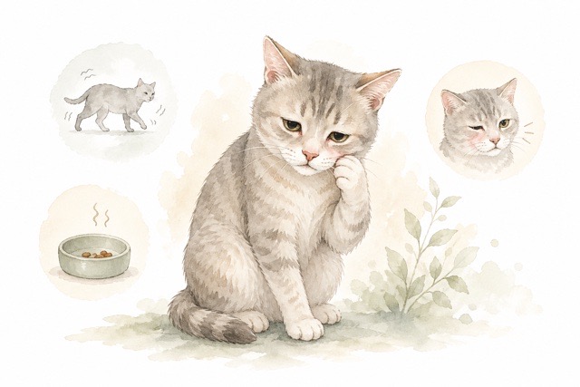 元気がない様子や顔まわりの違和感を表した猫のイラスト