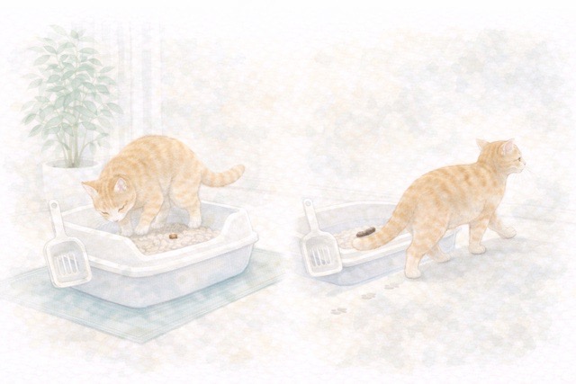 うんちを隠す猫と隠さない猫の行動の違いを表した水彩風イラスト