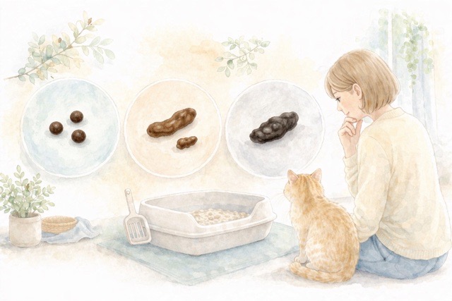 猫のうんちの形や色の違いをやさしく表した比較イラスト