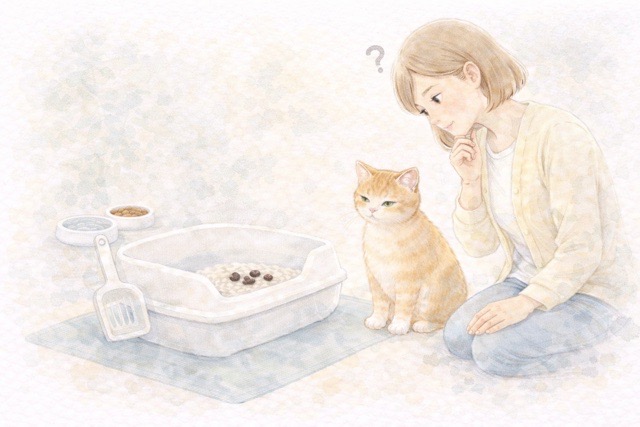 猫のコロコロしたうんちと水皿を見て飼い主が気にかけている水彩風イラスト