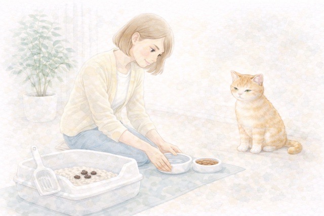 猫の水分や食事の見直しをしている飼い主の水彩風イラスト