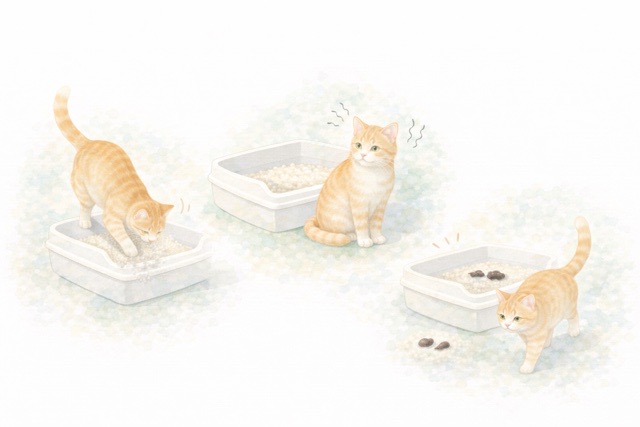 猫がうんちを隠す場合と隠さない場合、排便後に落ち着かない様子である行動の違いを表した水彩風イラスト