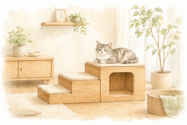 木のぬくもりを感じる猫家具のそばでくつろぐシニア猫さんのイラスト