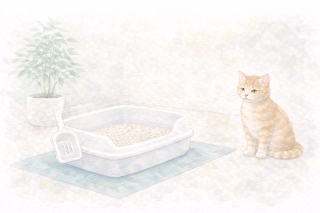 猫用トイレの環境や砂の状態を見直すイメージの水彩風イラスト