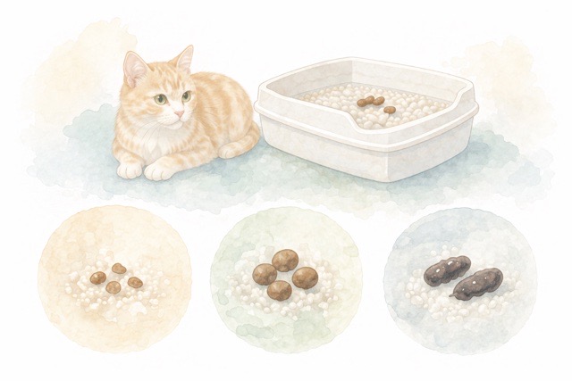 猫の小さいうんちやコロコロうんち、黒っぽいうんちを比較した水彩風イラスト