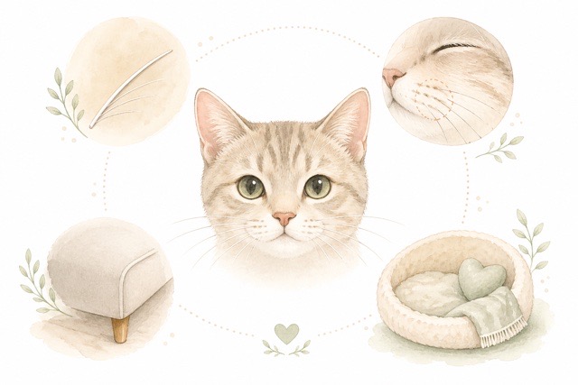 猫のヒゲが抜けたときの確認ポイントを表したイラスト