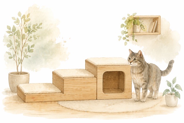 シニア猫向けの低めで安定感のある木製家具のイラスト