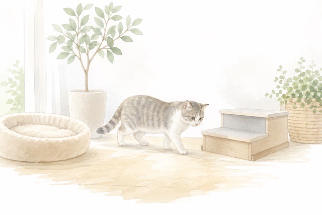 室内でゆっくり過ごす猫を描いた見守りのイラスト