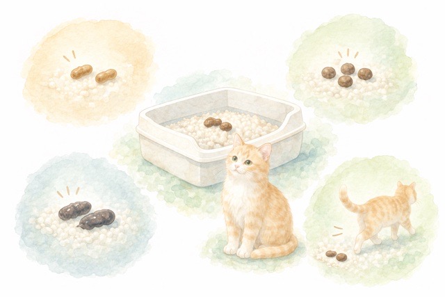 猫のうんちの変化を状態・場所・行動に分けて整理した水彩風イラスト