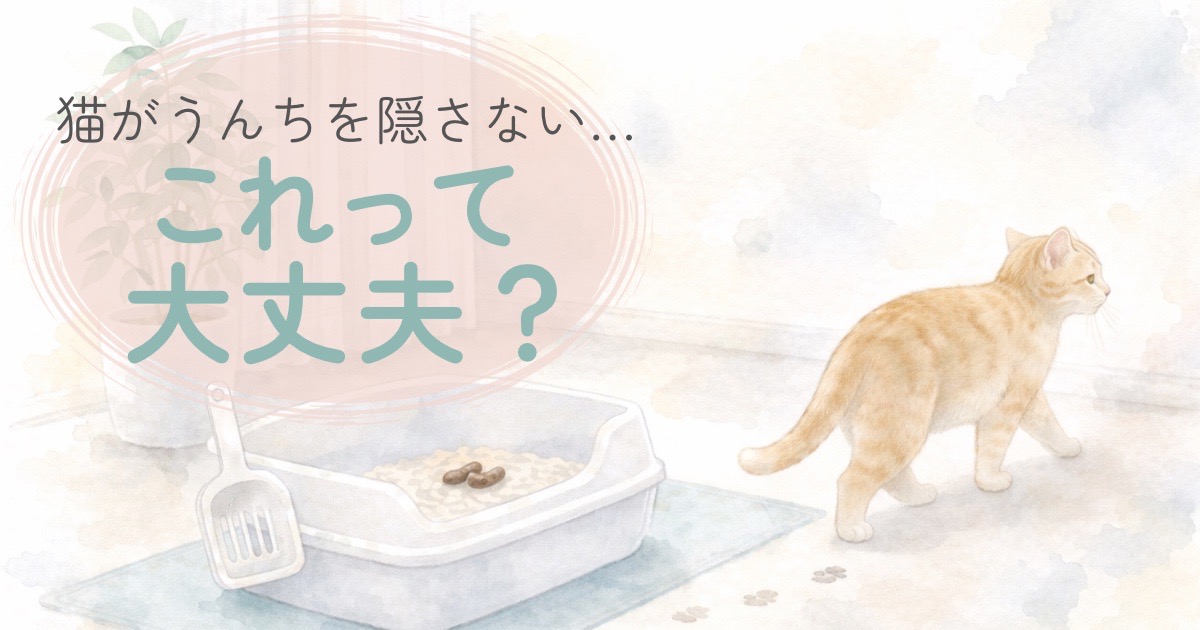猫がうんちを隠さずトイレのそばを離れる様子を描いた水彩風イラスト