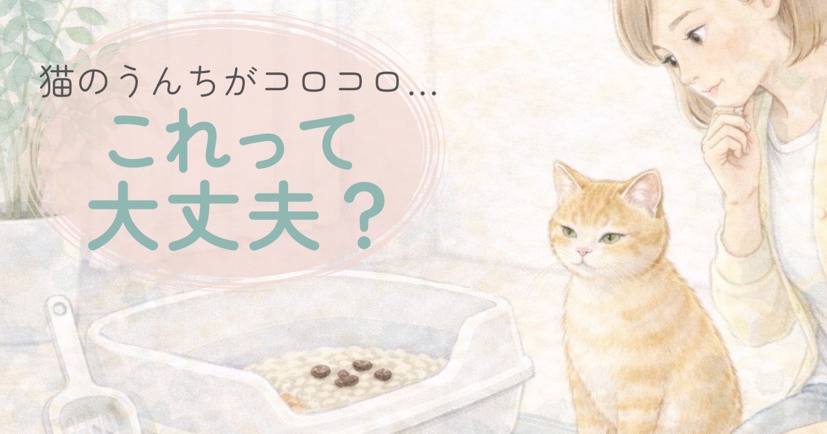 猫のコロコロしたうんちを見て飼い主が気にかけている水彩風イラスト