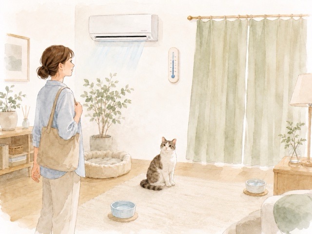 猫の留守番前にエアコンや水皿や日差しを確認するイラスト
