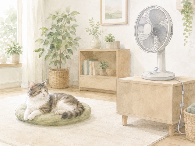 猫がいる部屋で扇風機を安全に使うポイントを表したイラスト