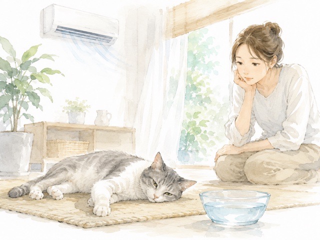 元気がない猫の様子を飼い主が確認しているイラスト