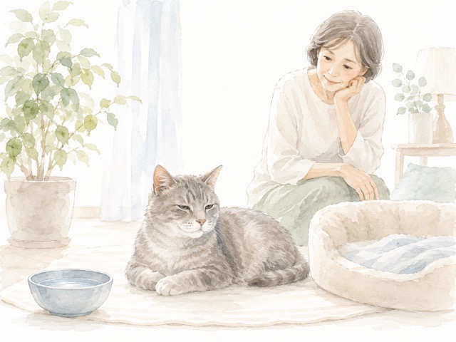 暑い時期に猫の様子をやさしく見守るイラスト
