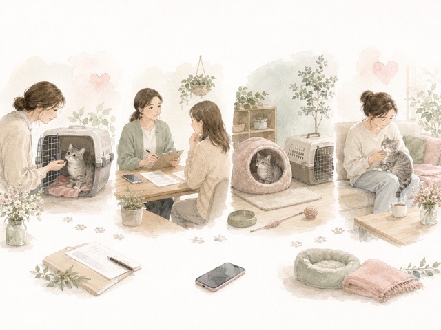 保護猫を迎えるまでの流れをやさしく表したイラスト