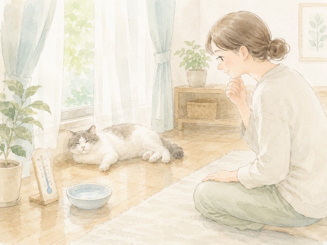 暑いのか体調不良なのか猫の様子を確認するイラスト