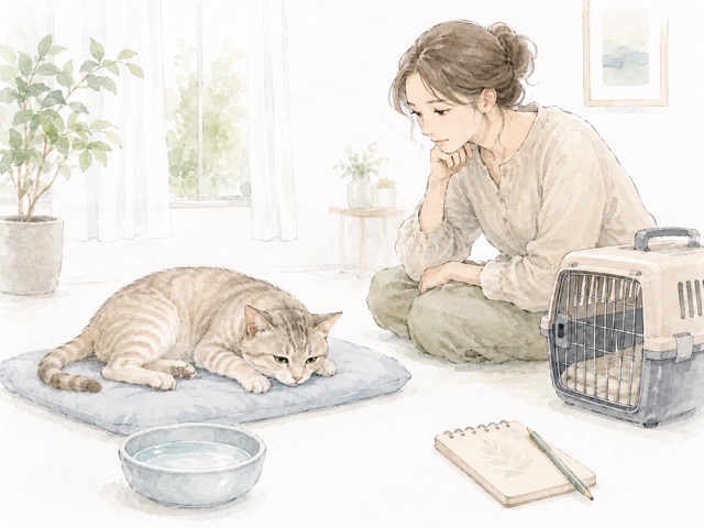 暑い日に体調が気になる猫を、飼い主が落ち着いて見守るイラスト