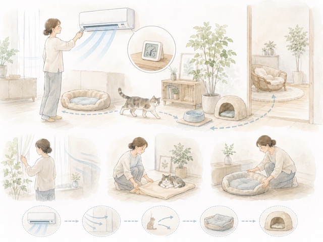 エアコンの風向きや居場所を見直している飼い主と猫のイラスト