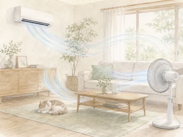 エアコンの冷気を扇風機でやさしく循環させている室内のイラスト