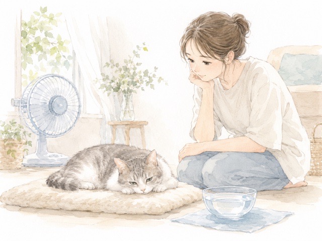 暑さで少し元気がない猫の様子を飼い主が確認しているイラスト