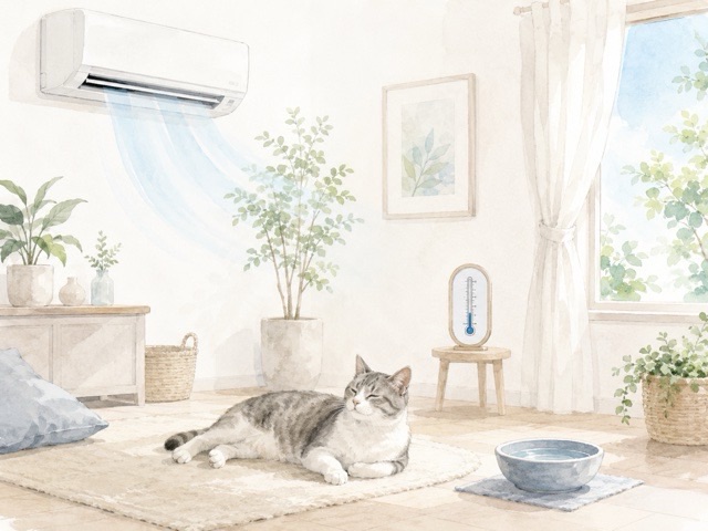 エアコンで室温を整えながら猫が過ごす夏の室内イラスト