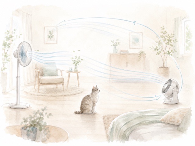 扇風機とサーキュレーターの違いを猫のいる室内で示したイラスト
