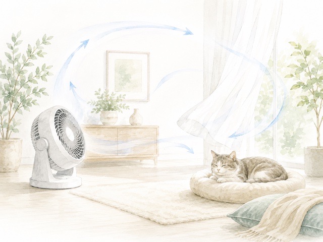 サーキュレーターで空気を循環させながら室内で過ごす猫のイラスト