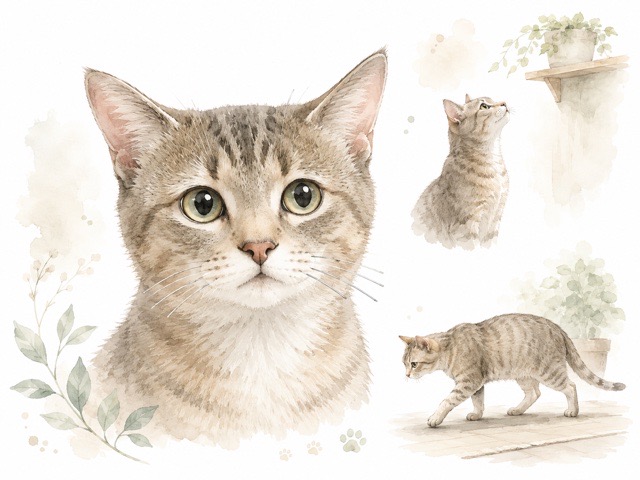 ヒゲを切ってしまった猫をやさしく表した水彩タッチのイラスト