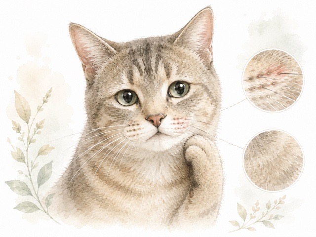 ヒゲの左右差や根本の皮膚の赤みなど注意したい変化を表した猫のイラスト