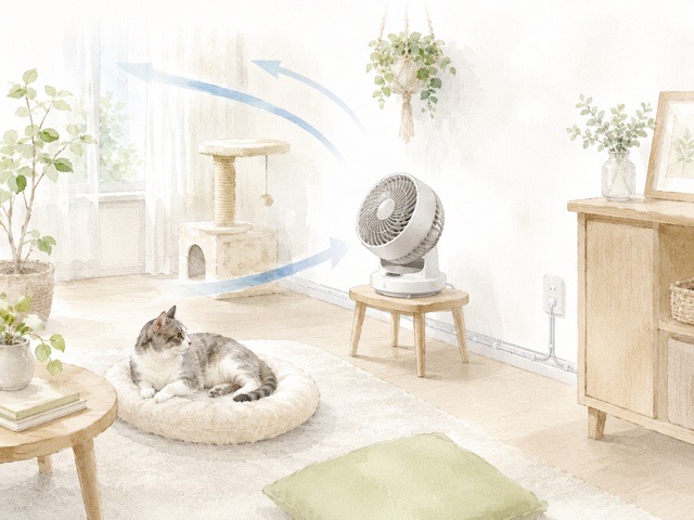 猫がいる部屋でサーキュレーターを安全に設置したイラスト