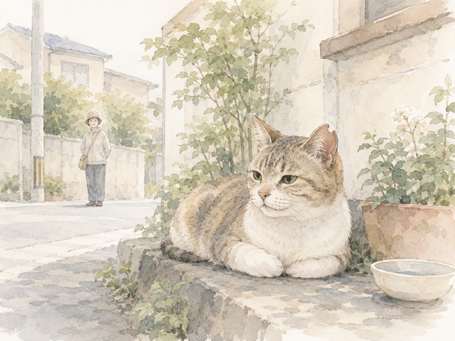 地域猫をそっと見守る様子のイラスト