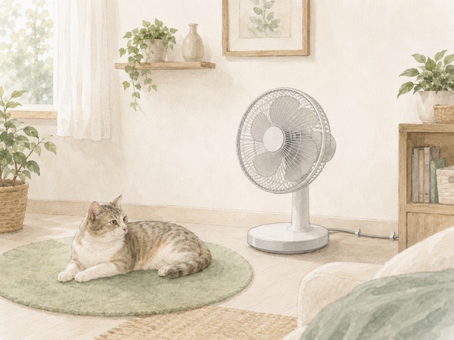 猫がいる部屋で安全に扇風機を使うためのイメージイラスト