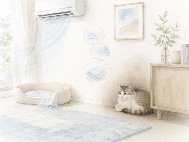 エアコンの風を避けて部屋の端で過ごす猫のイラスト