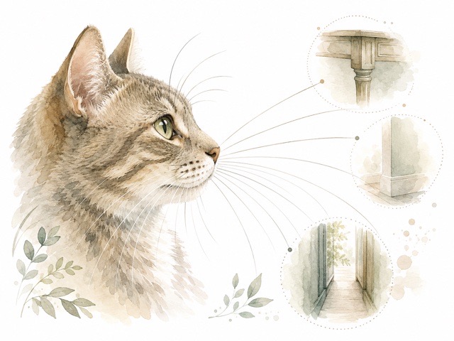 ヒゲでまわりとの距離を感じるイメージを描いた猫のイラスト