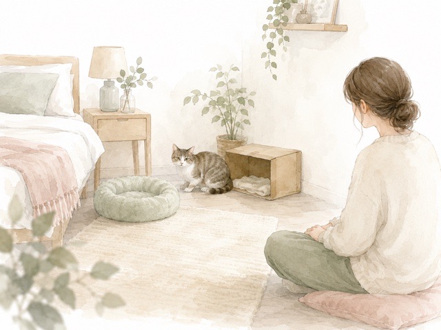 保護猫を無理に構わず、少し離れて見守っている様子の水彩イラスト