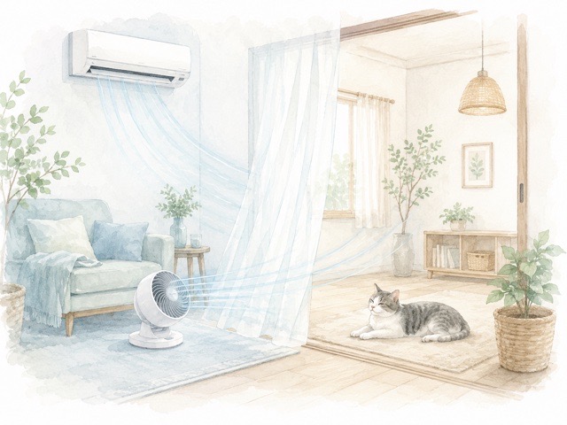 エアコンの部屋と隣の部屋を猫が行き来できる暑さ対策のイラスト