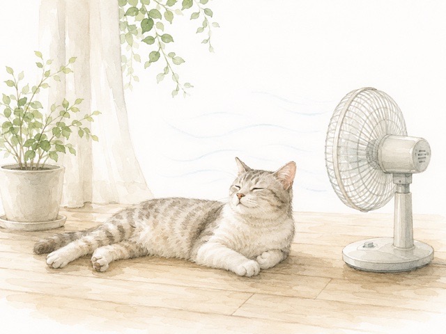 扇風機の近くの涼しい場所でくつろぐ猫のイラスト