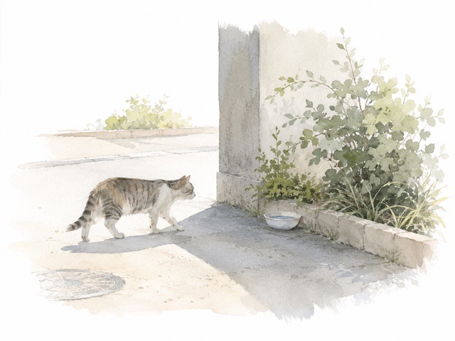 暑い日に日陰を探している外猫の水彩イラスト
