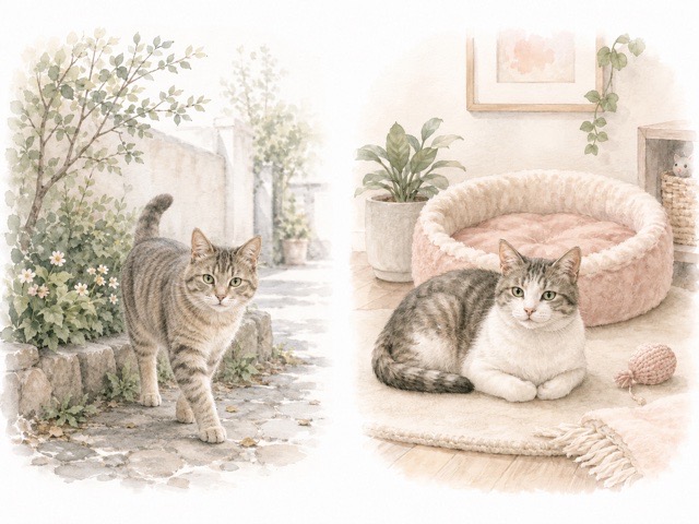 保護猫と野良猫の違いをやさしく示す比較イラスト