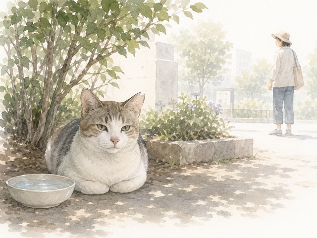 耳先カットの地域猫を夏の日陰で見守るイラスト
