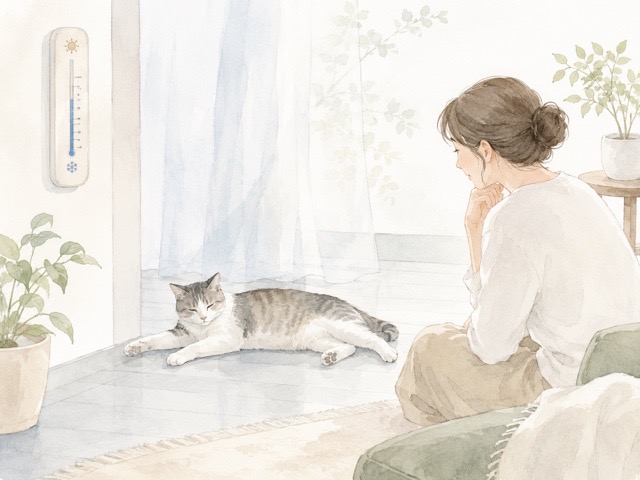 温度計と猫の様子を見ながら暑さ対策を考えるイラスト