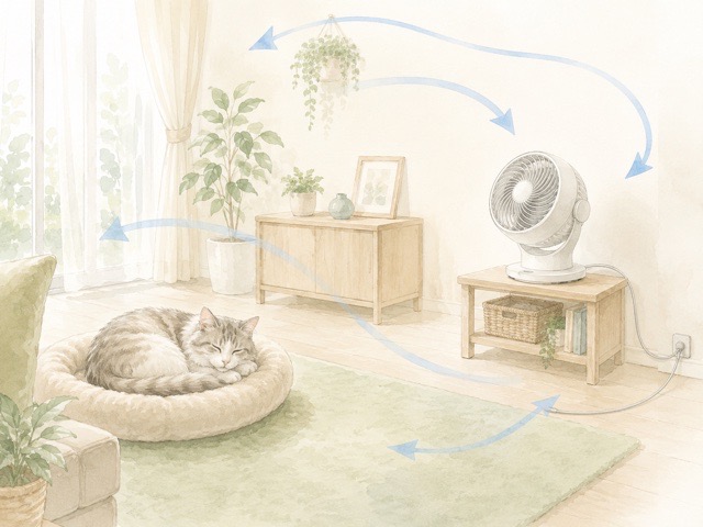 猫がいる室内でサーキュレーターを安全に使うイメージイラスト