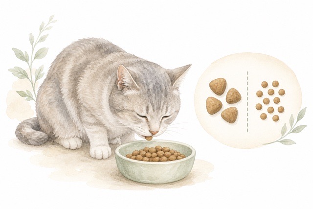 シニア猫が小粒キャットフードを食べやすそうに見ている説明イラスト