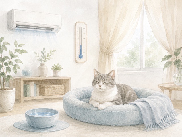 猫の暑さ対策として室温や水分補給を見直すイラスト