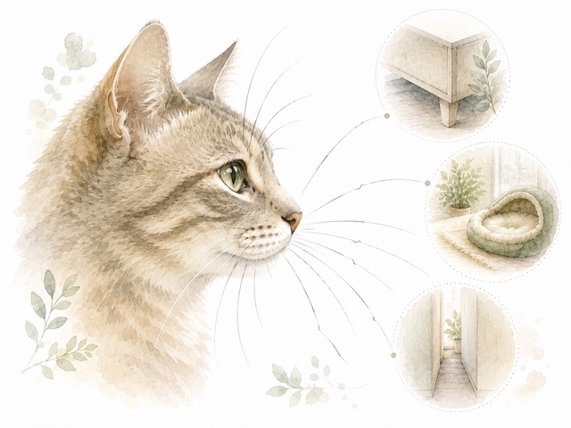 日常のこすれでヒゲが折れることを表した猫のやさしい説明イラスト