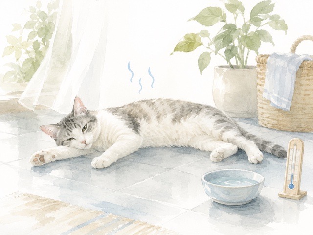 猫が暑いときに涼しい場所で体を伸ばしているイラスト