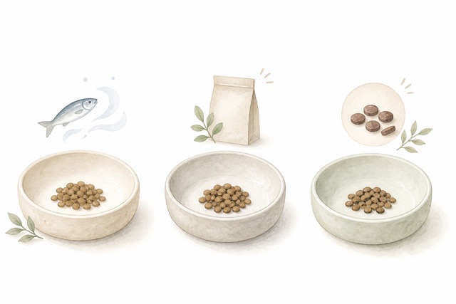 3種類の小粒キャットフードを比較するためのフード皿イラスト